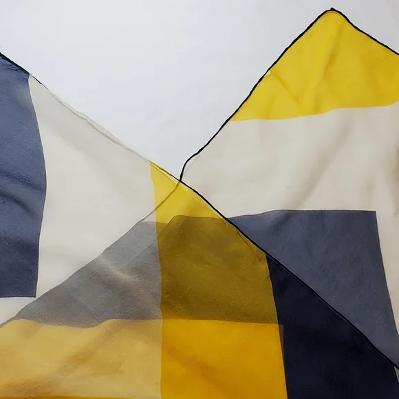 Semi-transparent White Navy and Yellow Chevron Print Vintage Silk Scarf - Picture 5 of 15